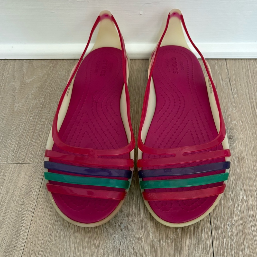 CROCS Womens Jelly Flats Size 10 Wide Cream Magenta Colorful Open Toe Comfort - Picture 2 of 11
